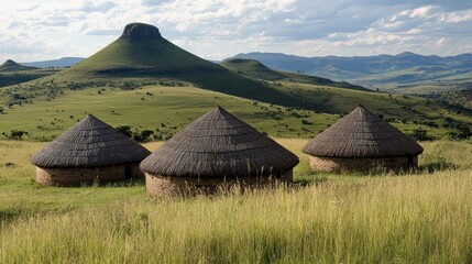 Zulu traditional homestead architecture, showcasing the unique circular designs of huts made from natural materials