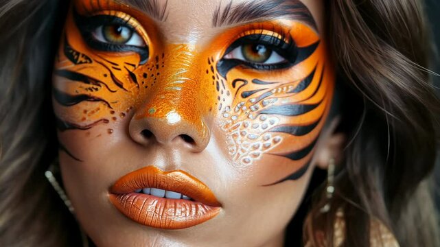 A woman with a tiger-inspired makeup look stares intensely into the camera