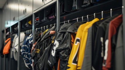 Hanging hooks above each locker hold jerseys and equipment bags.