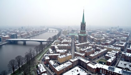 Fototapeta premium Snowy cityscape with river and iconic tower