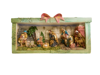 Portal de belen de porcelana en miniatura, conteniendo bellas figuras de la virgen María, San José, el niño Jesus, reyes magos de oriente y un pastor, sobre fondo blanco