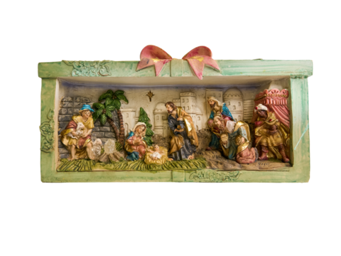 Portal de belen de porcelana en miniatura, conteniendo bellas figuras de la virgen María, San José, el niño Jesus, reyes magos de oriente y un pastor, sobre fondo blanco