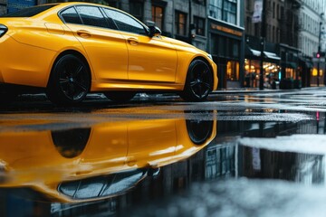 Vibrant Yellow Car Reflected on Urban Street