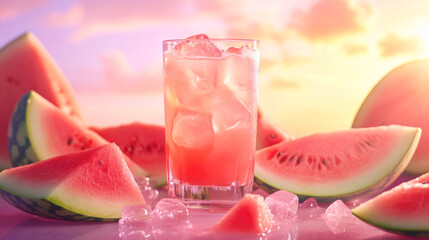 Fototapeta premium Refreshing summer watermelon drink with ice in sunlit setting