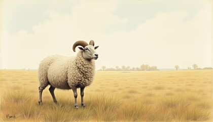 Fototapeta premium Peaceful pasture with a majestic ram