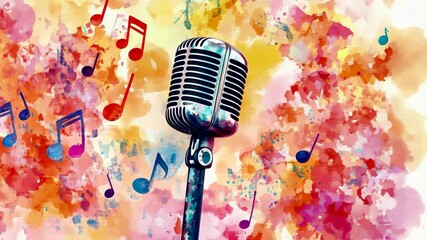 A silver microphone stands in front of a colorful watercolor backdrop with musical notes