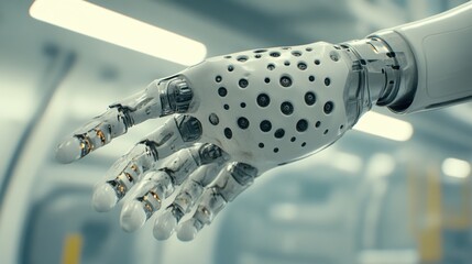 Robotic hand reaching out in a futuristic setting, showcasing advanced technology, AI