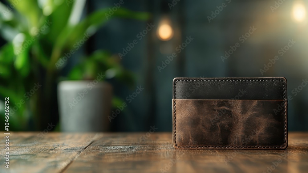 Wall mural a sophisticated leather wallet sits on a rustic wooden table with blurred plants and lights in the b