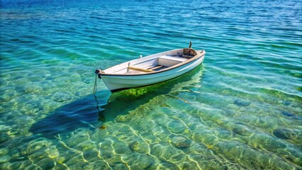 small white boat floating in water near shore from forced perspective