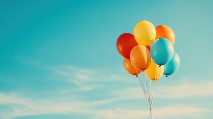 Fototapeta premium Colorful balloons float against a clear blue sky, evoking a sense of joy and freedom, AI