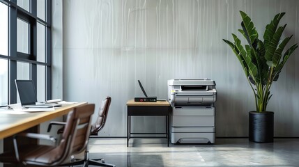 A copier in a small office setting with minimal furniture