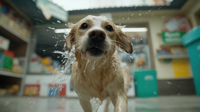 Verspielter nasser Hund im Innenbereich eines Tierheims f&uuml;r Design und Werbung