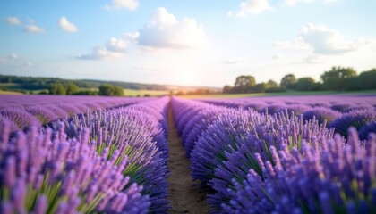 Naklejka premium Blooming fields of lavender under a clear sky