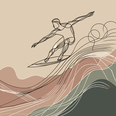 Vector surfer illustration riding waves in minimalist style with dynamic movement, copy space