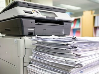 A copier next to a stack of printed documents