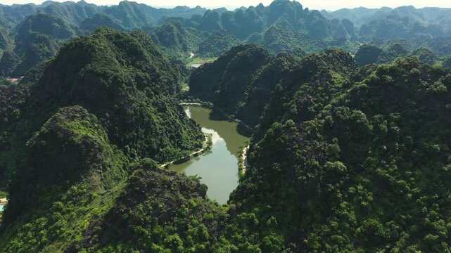 Aerial view of Tuyet Tinh Coc and Ao Giai Lake in Ninh Binh, Vietnam