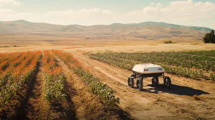 Autonomous farming robot navigating rural field with precision in a scenic agricultural landscape