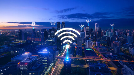 Futuristic Cityscape with Wireless Connectivity at Night.wifi connectivity city skyline at night, wi-fi zone, wireless connection over a city, internet connection