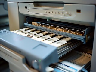 A copier with a detailed view of its output tray