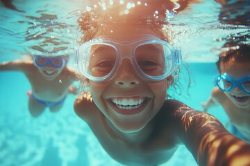 Naklejka premium Happy Kids Swimming and Playing in Clear Water