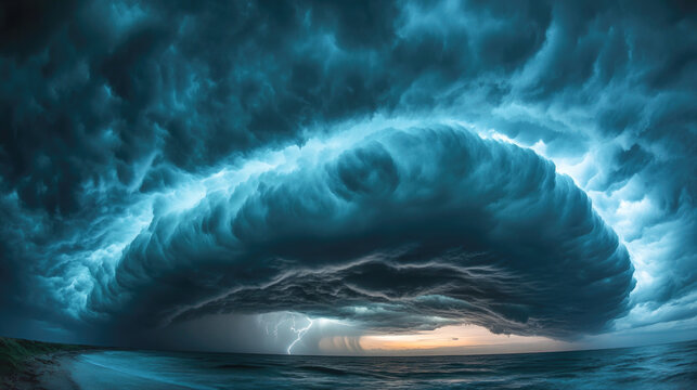 Majestic thunderstorm over ocean with dramatic clouds and lightning at dusk