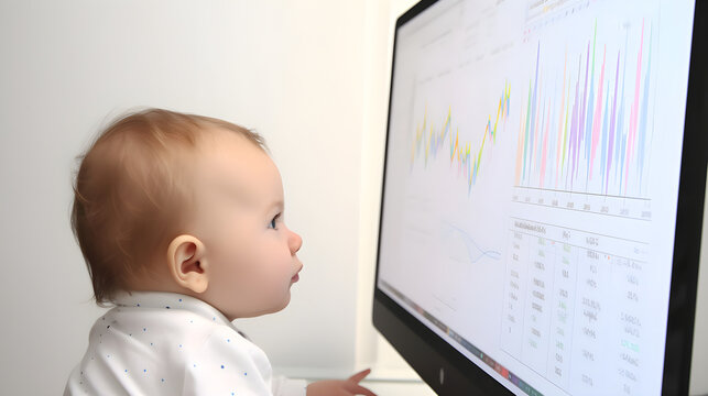 Baby vor Computerbildschirm mit Diagrammen - Ki generiert