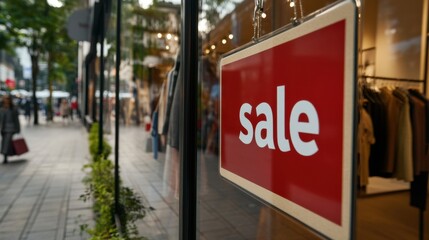 Einzelhandelsverkaufsf&ouml;rderungsschild im Schaufenster einer Modeboutique an einer belebten Stadtstra&szlig;e