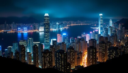 Obraz premium Vibrant cityscape at night illuminated by lights and skyscrapers