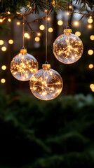 Christmas background with hanging transparent glass baubles. Space for text. 