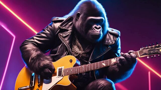 ! Decked out in a leather jacket and oversized sunglasses, the monkey takes the stage, wielding an electric guitar with style.