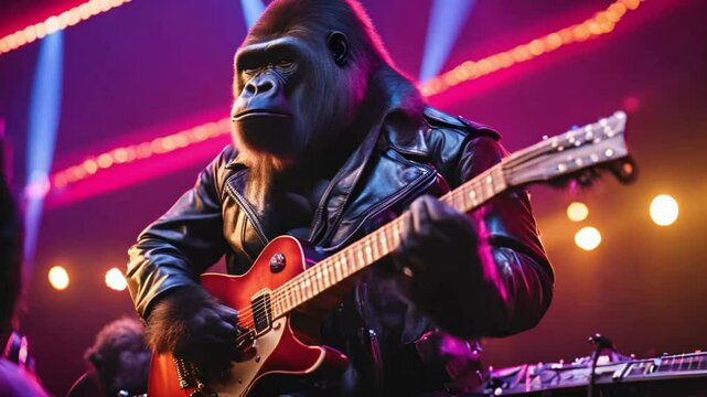 ! Decked out in a leather jacket and oversized sunglasses, the monkey takes the stage, wielding an electric guitar with style.