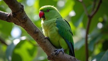 Obraz premium Parrot perched on branch vibrant green and blue plumage alert and curious expression