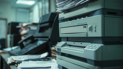 A copier with a stack of documents ready to be copied