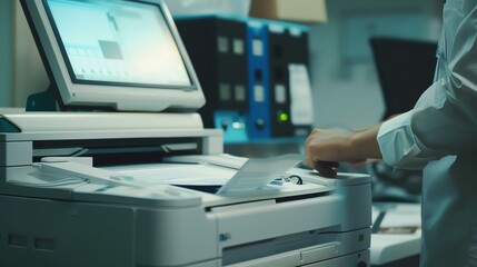 A copier with a user adjusting the settings
