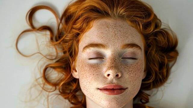 A woman with red hair and freckles lays on a white surface with her eyes closed