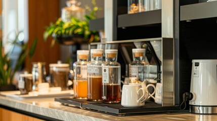 A selfserve coffee and tea station complete with a variety of flad syrups and creamers.