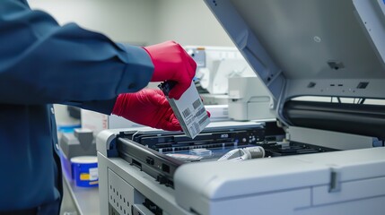 A copier with a user replacing a toner cartridge