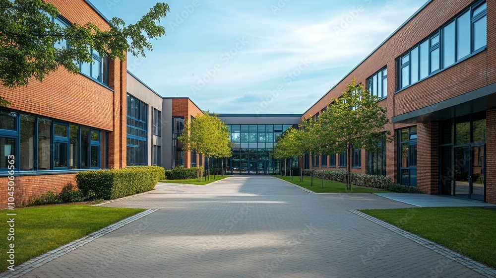 Poster a brick building with a courtyard in the middle