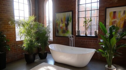 Fototapeta premium Modern Bathtub in Stylish Indoor Greenery Setting