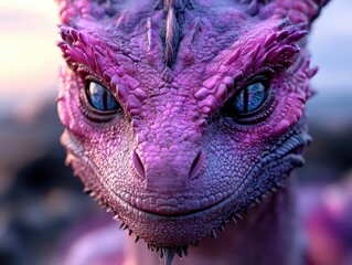 Fototapeta premium A cute pink dragon with detailed scales gazing endearingly at the camera, set in a dawn or dusk light, embodying fantasy, charm, and imagination.