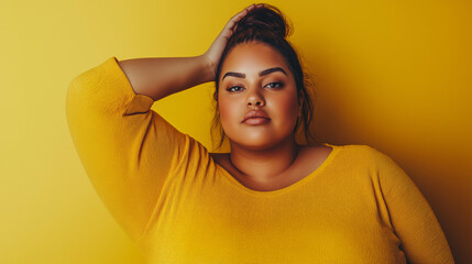 Fototapeta premium Confident plus-size woman in yellow top posing against vibrant yellow background with hand on head