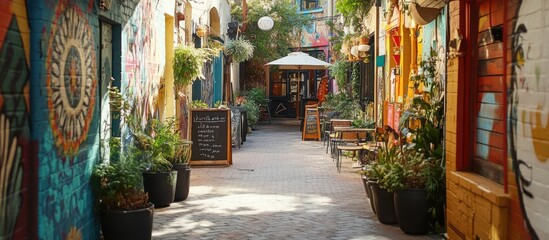 Obraz premium Narrow alleyway with colorful graffiti art, plants, and outdoor seating.