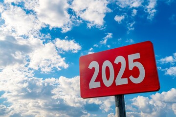 Text 2025 On Red Sign Against Blue Sky. A Year For Growth, New Goals, Business Success.