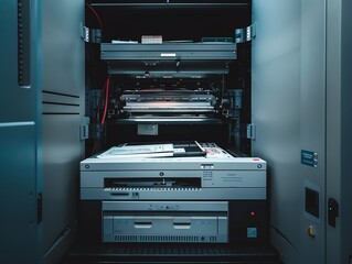 A copier with an open access panel showing internal parts