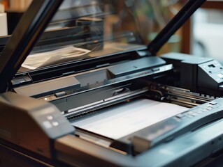 A copier with an open tray showing the paper feed mechanism