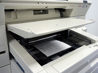 A copier with an open tray showing the paper feed mechanism