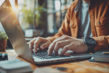 Asian casual businessman typing on a laptop computer working from home.