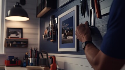 Person Hanging Picture in a Workshop Environment