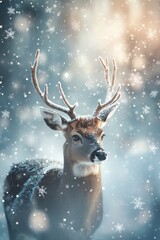 Snowflake-filled tranquil winter scene featuring a deer.