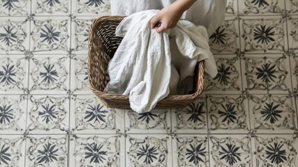Person Handling Laundry in a Wicker Basket